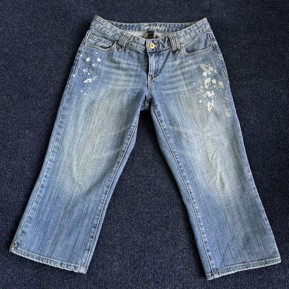 Y2K G Unit Jeans Womens 9 Medium Wash Cropped Paint Splatter Embroidered Denim